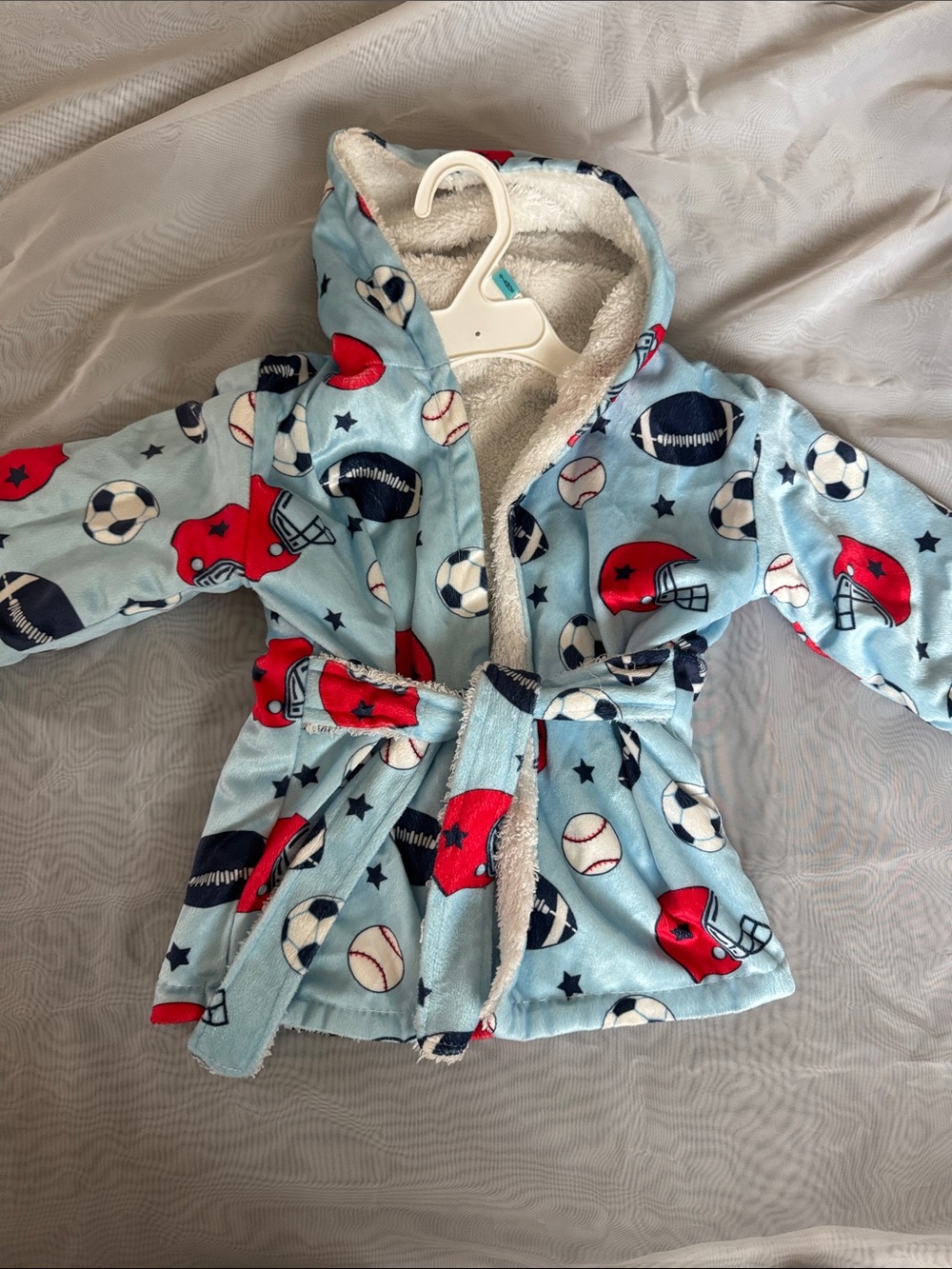 Kids Light Blue Hooded Sleep Robe with Sports Print